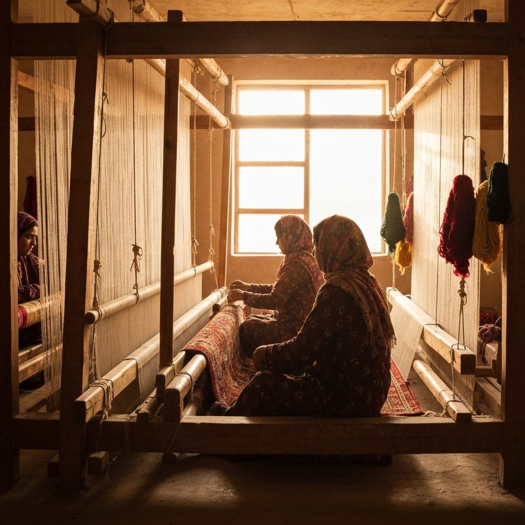 Afghan woman weaving a traditional rug on a wooden loom in a sunlit workshop