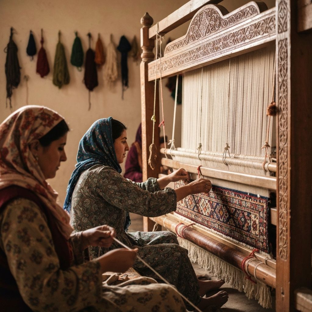 Afghan women weaving rugs on a wooden loom while one spins wool thread by hand
